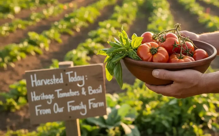 Bowl of heritage tomatoes and basil freshly harvested from a family farm, with a sign reading “Harvested Today: Heritage Tomatoes & Basil From Our Family Farm” in a vibrant vegetable field. Suggested: Bowl of heritage tomatoes and basil freshly picked from a local farm, symbolizing multi-location restaurant sourcing transparency and local food storytelling.