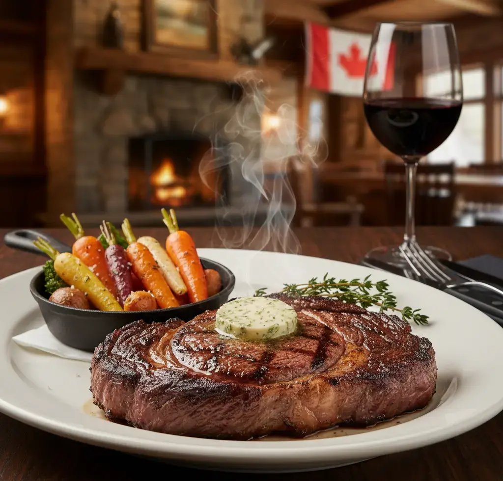 Premium grilled steak with wine in a cozy setting, showcasing high-protein, high-quality meat focus for upscale multi-location restaurant menus.